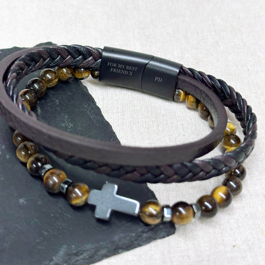 Treat Republic Personalised Men's Dual Tiger's Eye and Leather Cross Bracelet