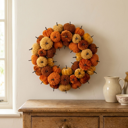 Autumn Pumpkin Wreath with textured orange, ochre and yellow pumpkins hanging above a rustic wooden dresser in a country kitchen.
