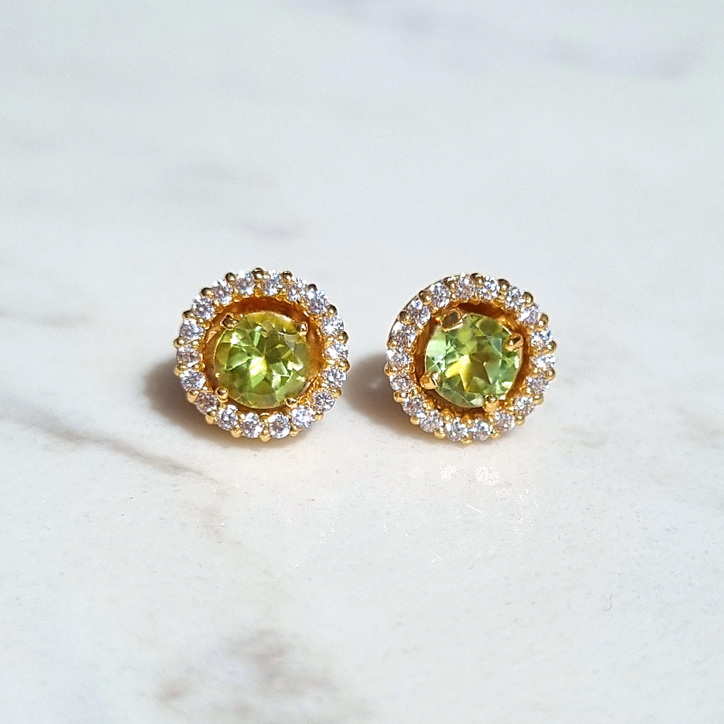 Peridot Halo Stud Earrings with Jackets in 18k Gold Vermeil by Vianne Jewellery