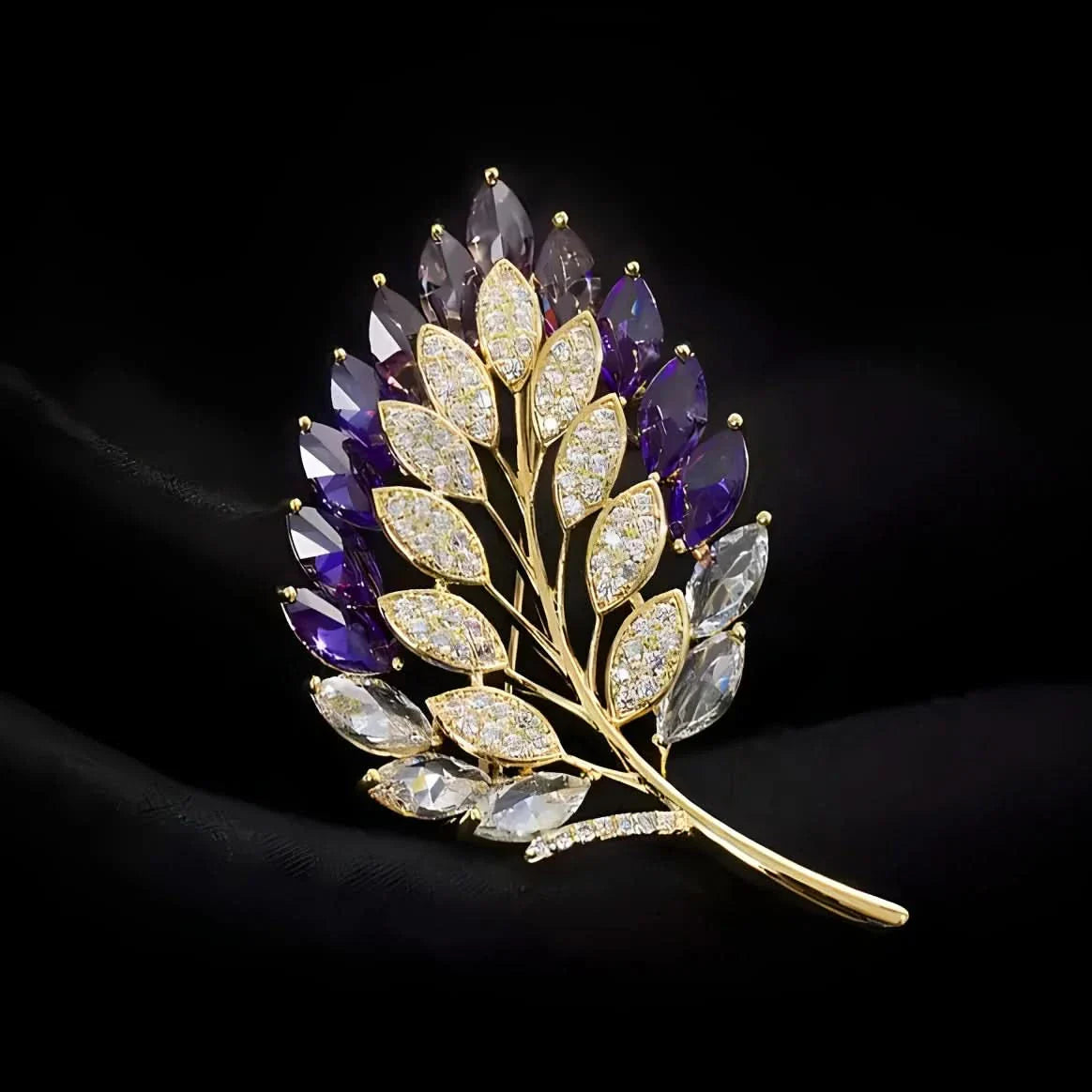 Purple Crystal Leaf Brooch by Angel Barocco