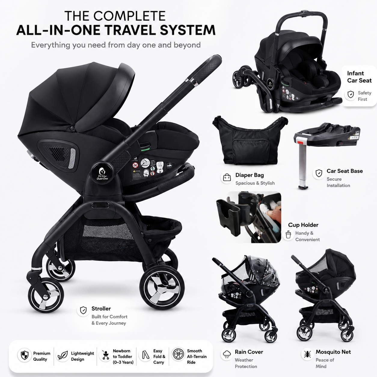 Qubi Infant Car Seat Stroller 7 Piece Bundle - Eclipse Black