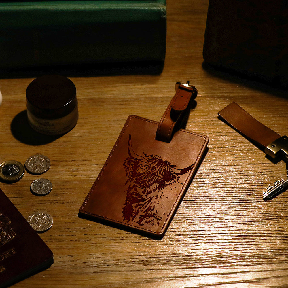 Highland Cow Leather Luggage Tag by Selbrae House