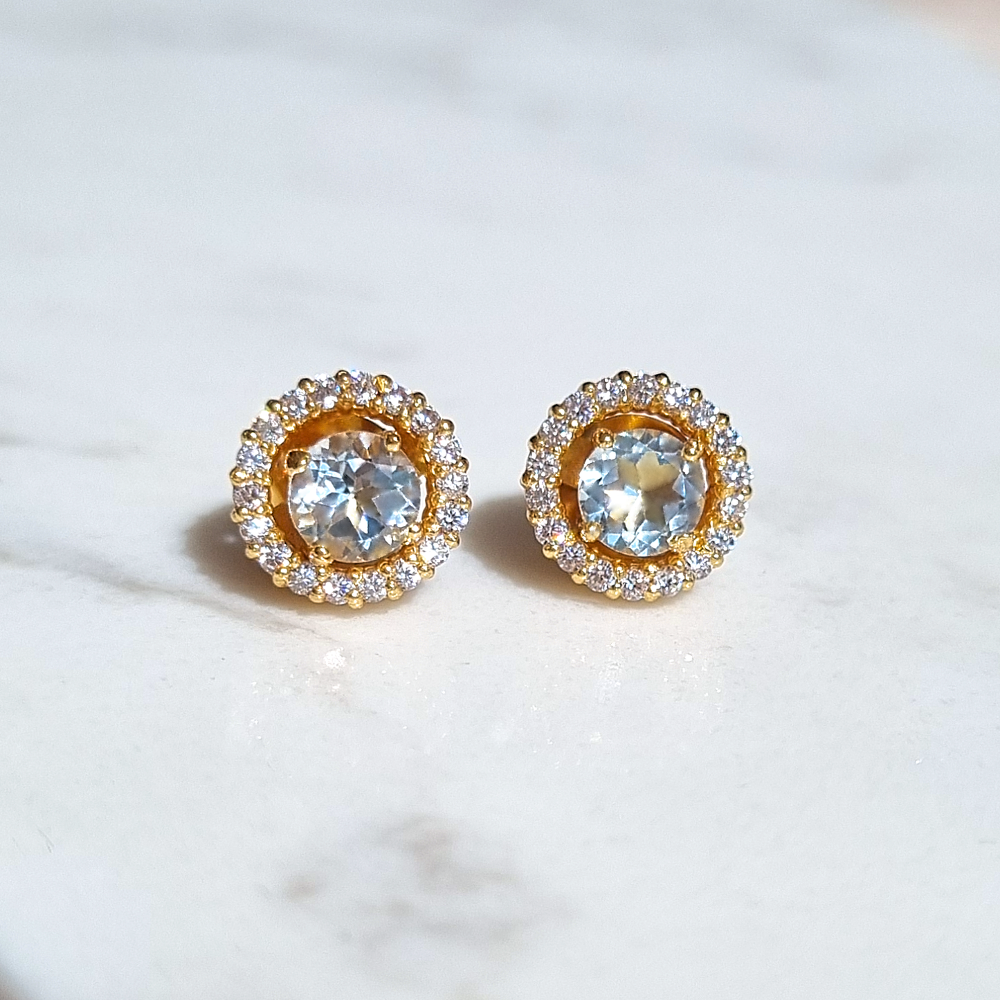Blue Topaz Halo Stud Earrings with Jackets in 18k Gold Vermeil by Vianne Jewellery