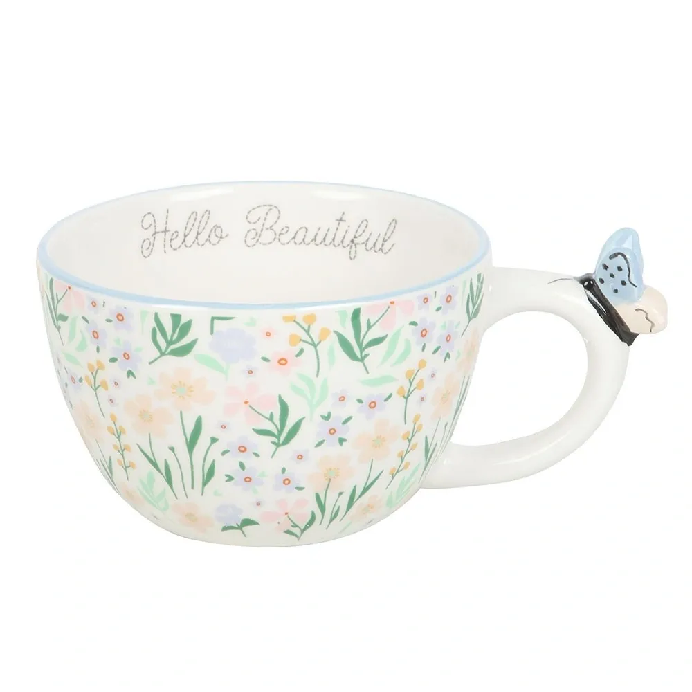 HELLO BEAUTIFUL DITSY FLORAL PRINT MUG WITH BUTTERFLY