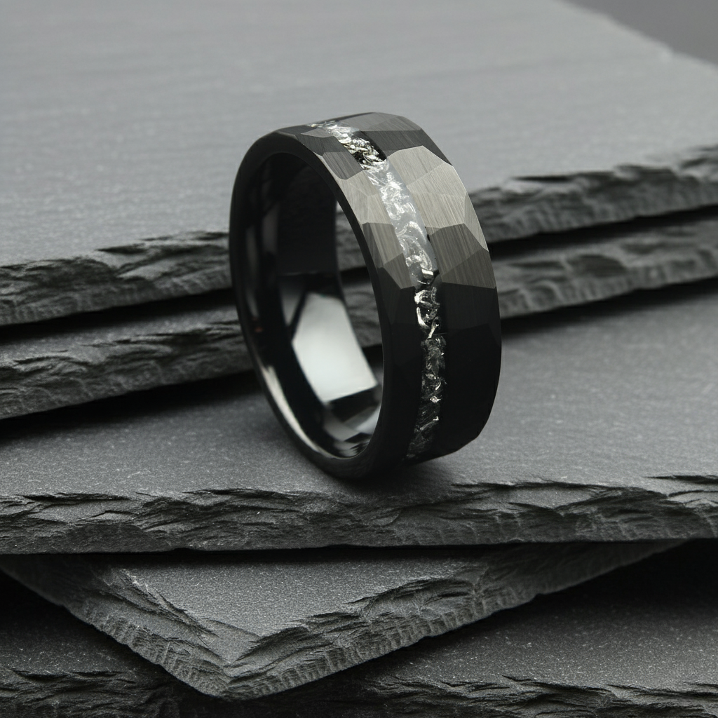 The Altair - 8mm Black Brushed Tungsten & Meteorite Inlay Ring by Nord London