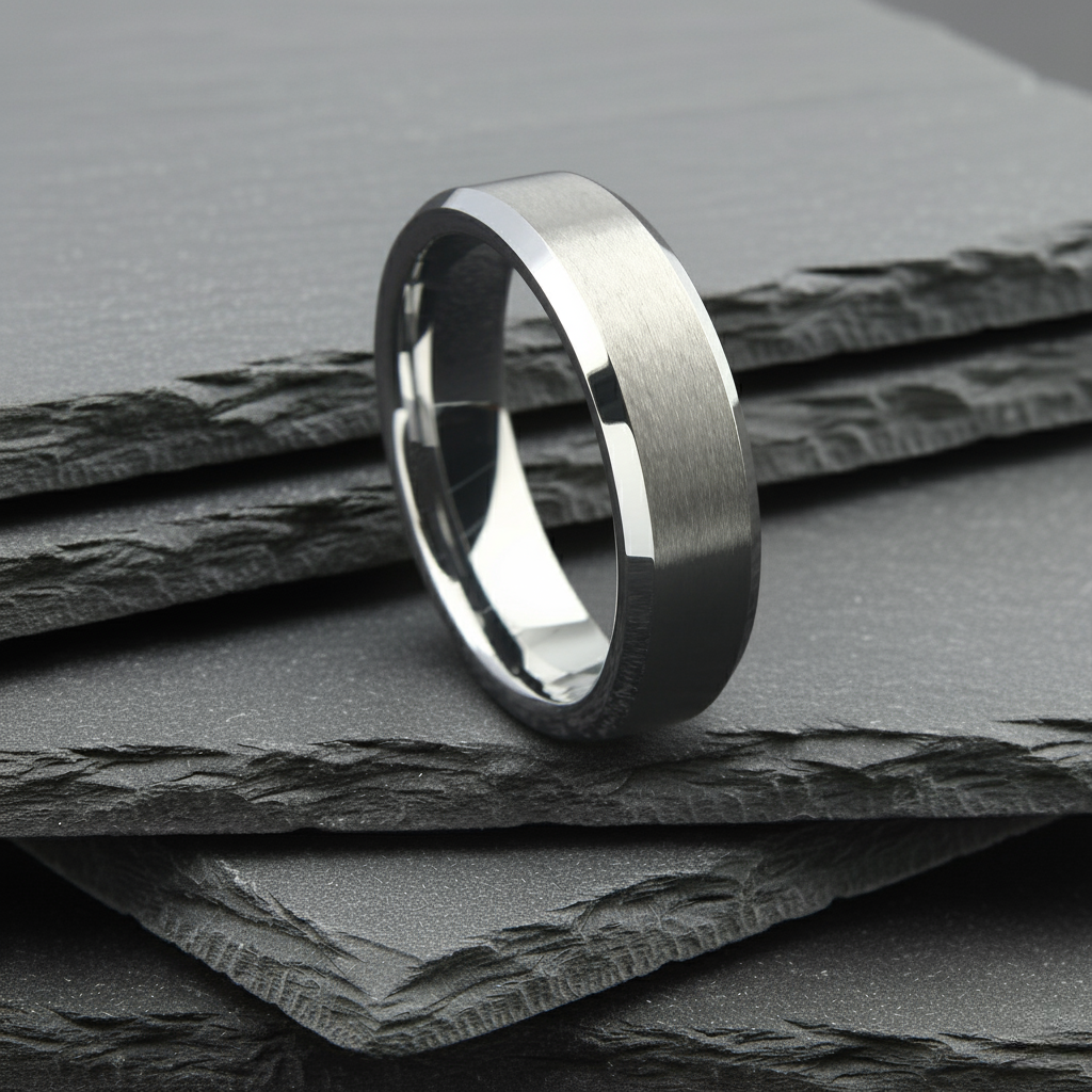 The Andromeda - 6mm Brushed Tungsten Bevelled Edge Ring by Nord London