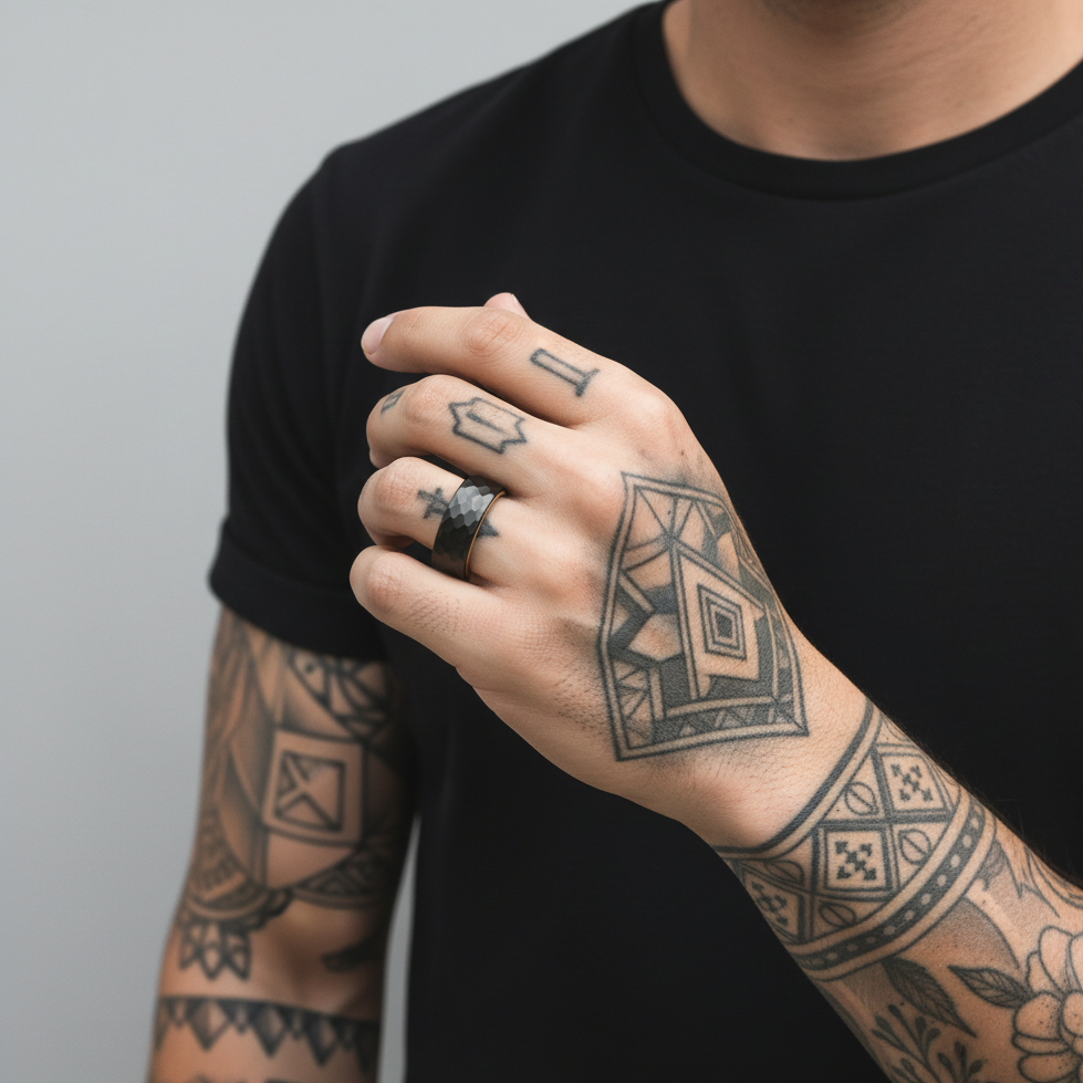 The Aquila - 8mm Hammered Brushed Black Tungsten & Whisky Barrel Wood Ring by Nord London