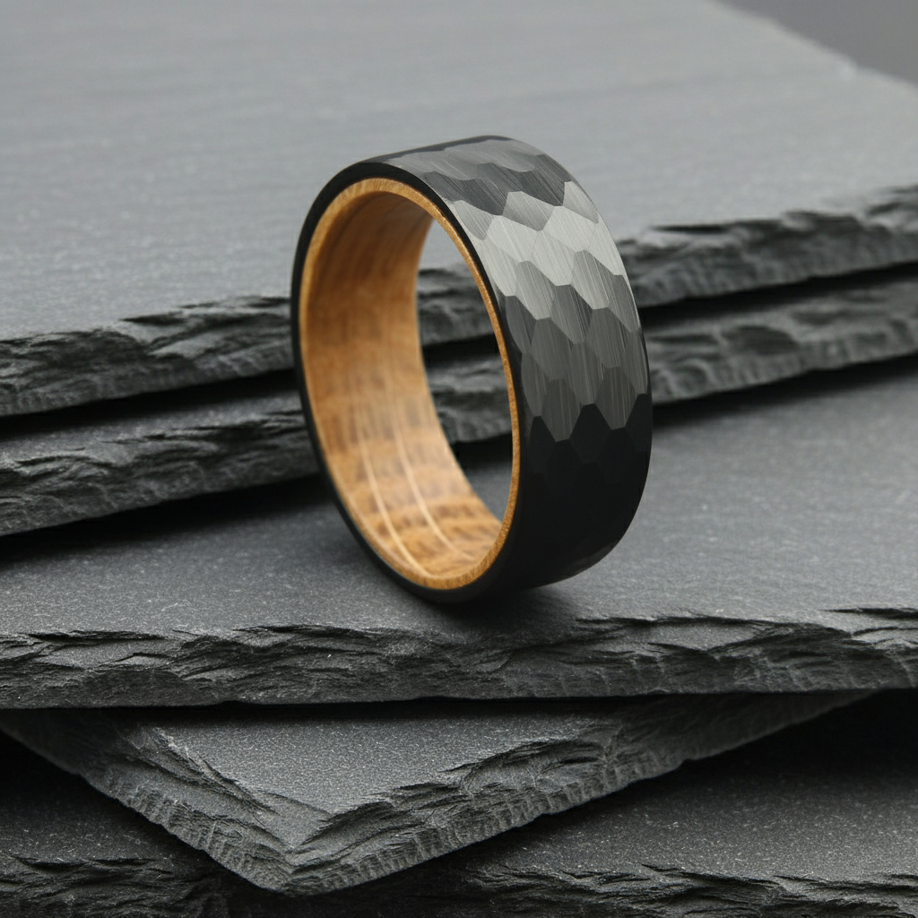 The Aquila - 8mm Hammered Brushed Black Tungsten & Whisky Barrel Wood Ring by Nord London