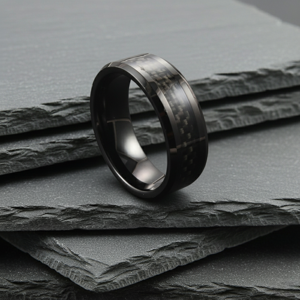 The Arcturus - 8mm Black Tungsten & Carbon Fibre Ring by Nord London