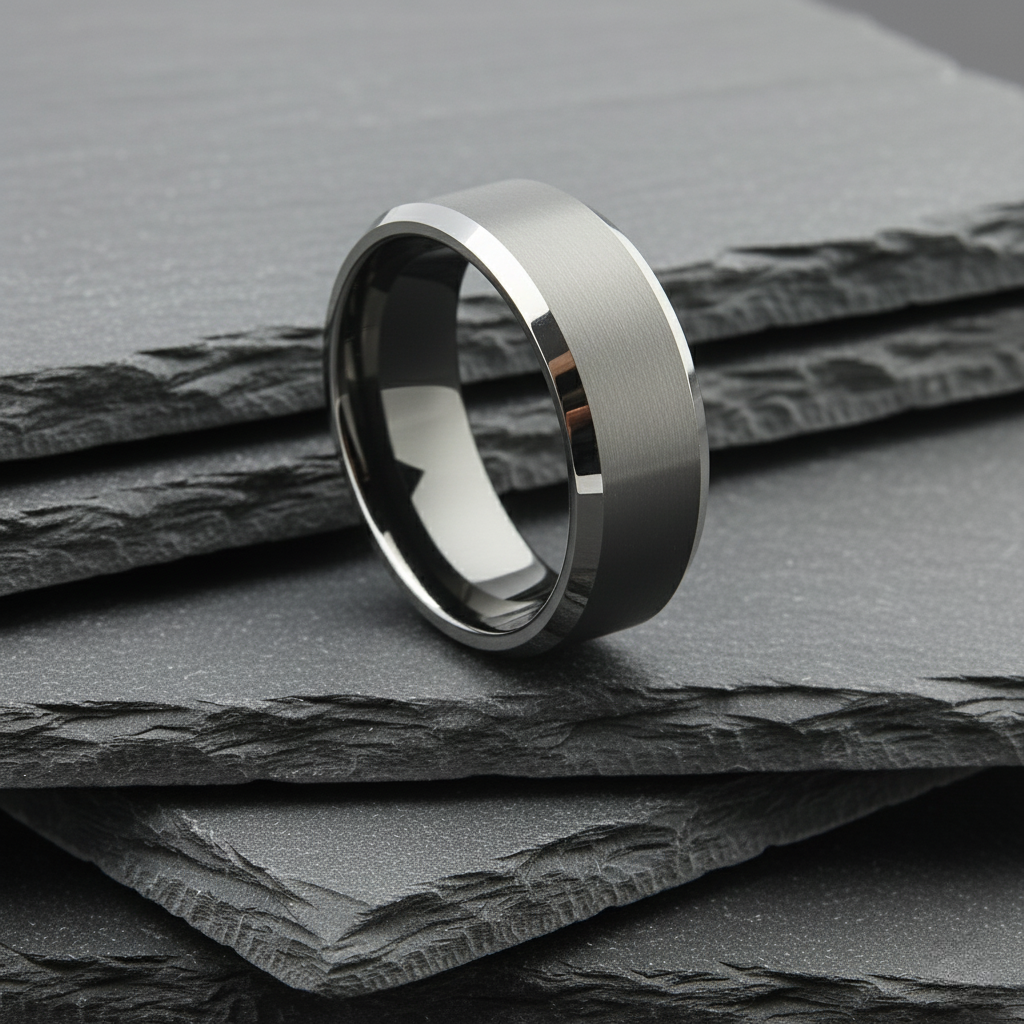 The Cassiopeia - 8mm Brushed Tungsten Bevelled Edge Ring by Nord London