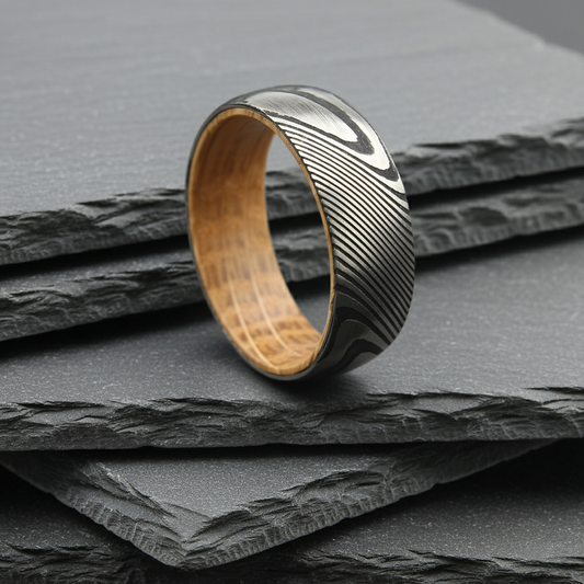 The Centaurus - 8mm Damascus Steel & Whisky Barrel Wood Ring by Nord London