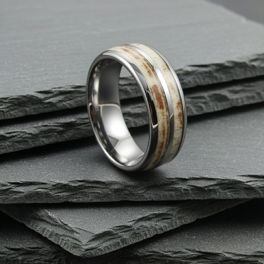 The Deneb - 8mm Polished Tungsten & Antler Inlay Ring by Nord London