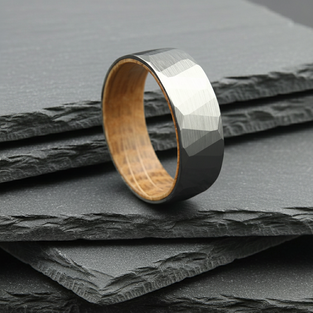 The Leo - 8mm Brushed Hammered Tungsten & Whisky Barrel Wood Ring by Nord London