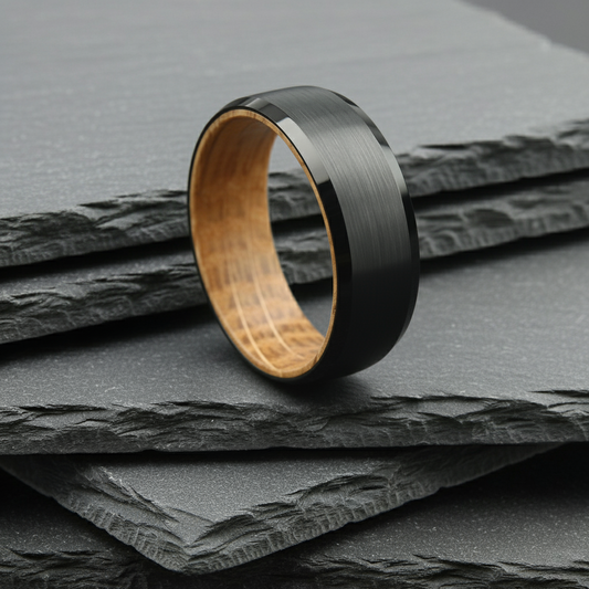 The Orion - 8mm Brushed Black Tungsten Bevelled Edge & Whisky Barrel Wood Ring by Nord London