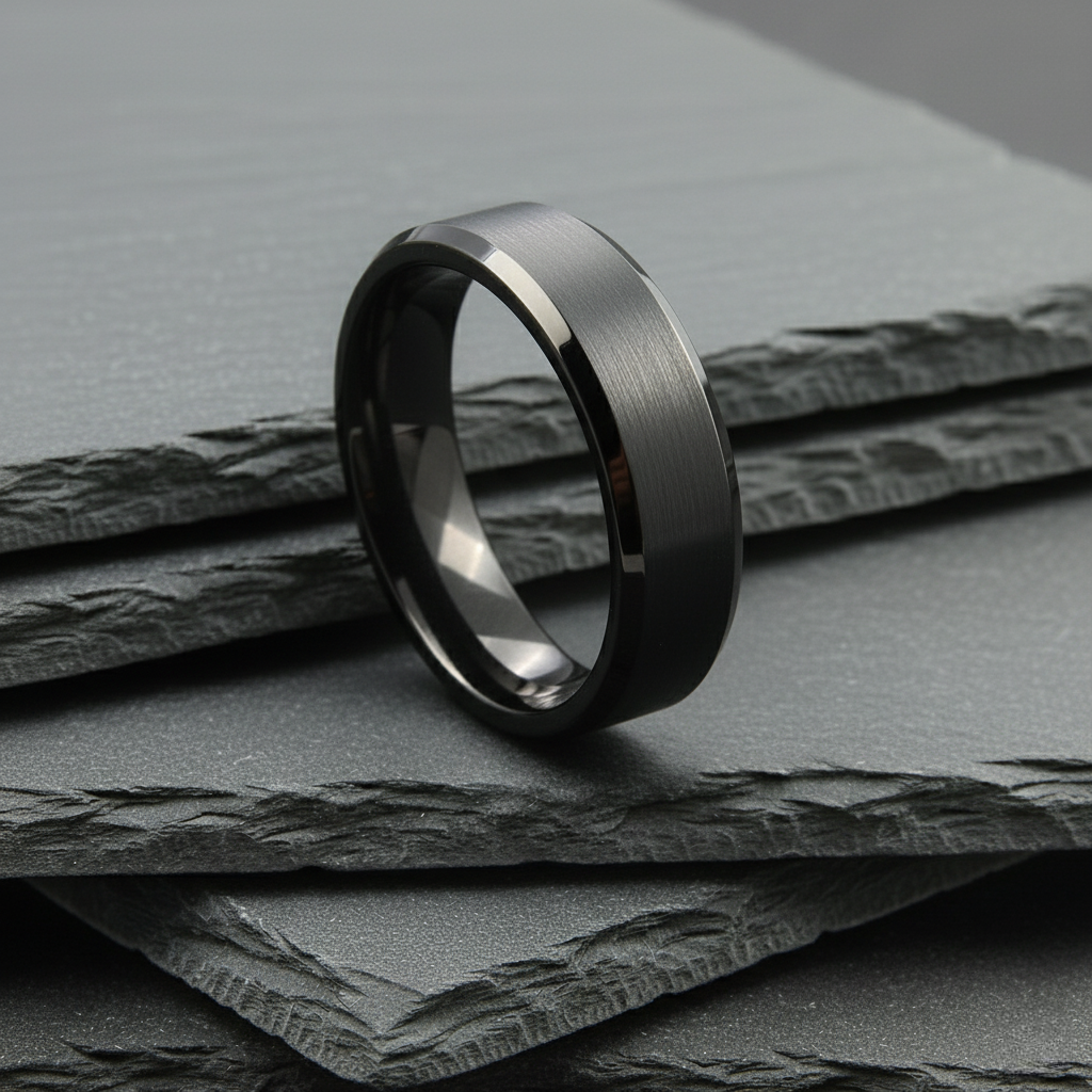 The Perseus - 6mm Brushed Black Tungsten Bevelled Edge Ring by Nord London