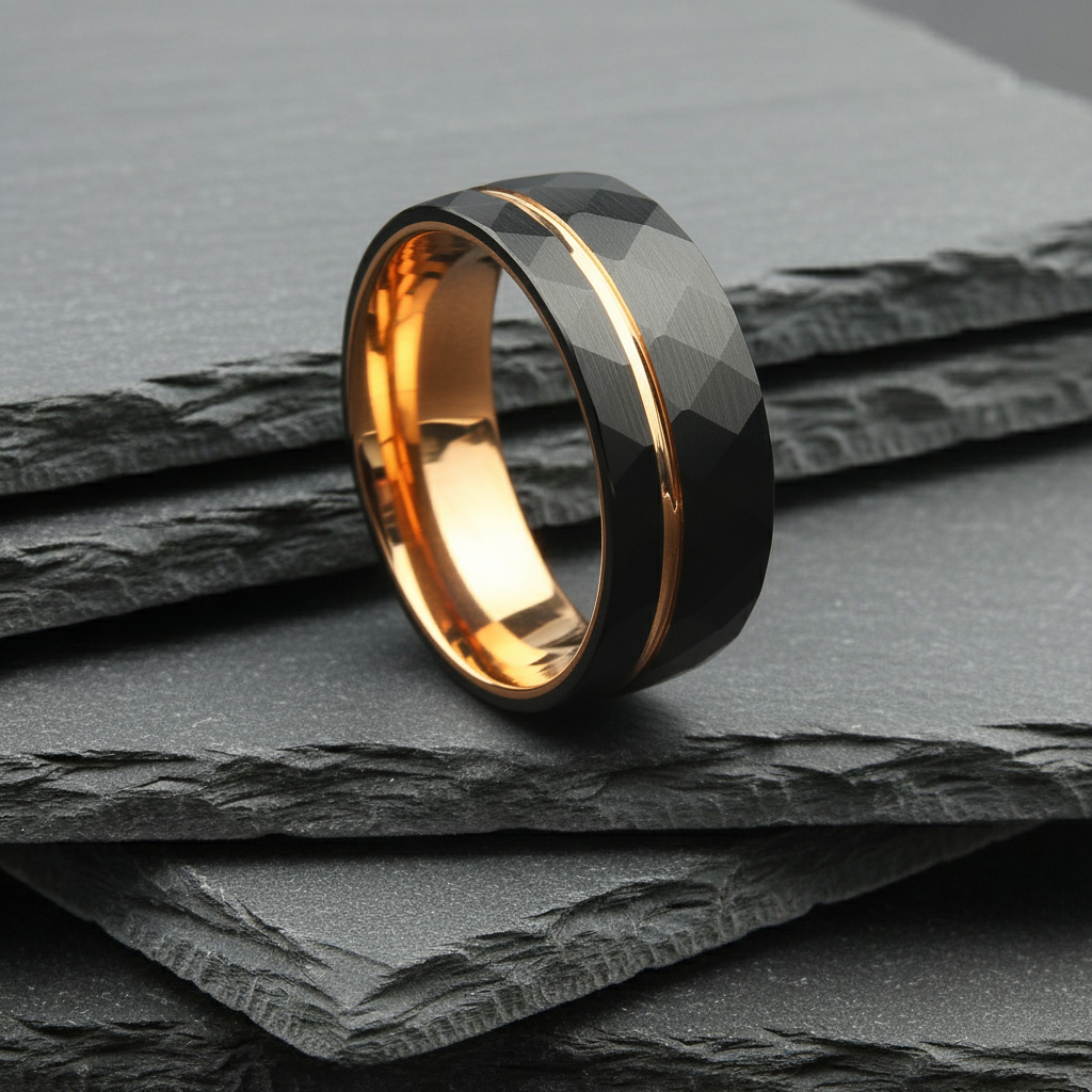 The Scorpius - 8mm Hammered Brushed Black Tungsten & Rose Gold Ring by Nord London