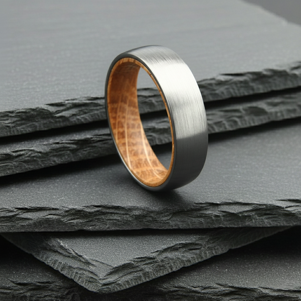 The Sirius - 6mm Brushed Tungsten & Whisky Barrel Wood Ring by Nord London