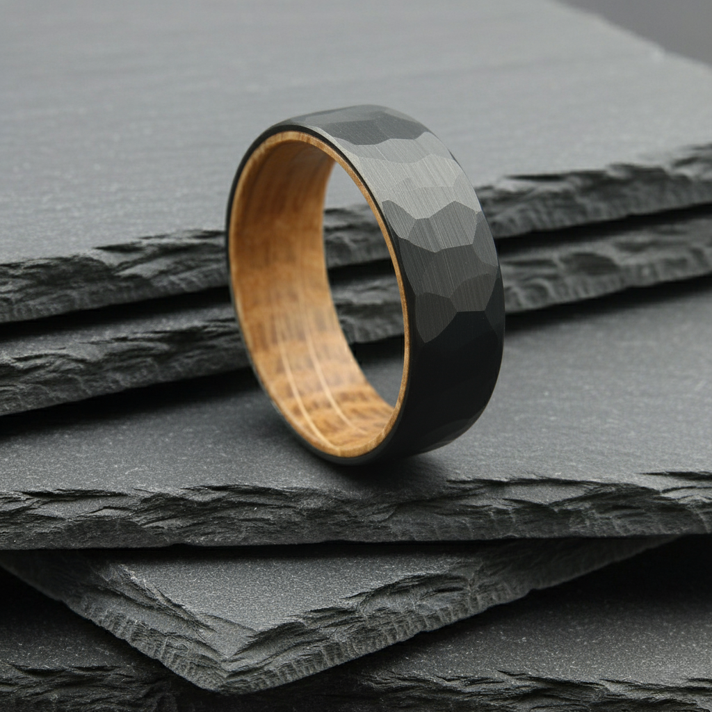 The Vega - 8mm Black Brushed Hammered Tungsten & Whisky Barrel Wood Ring by Nord London