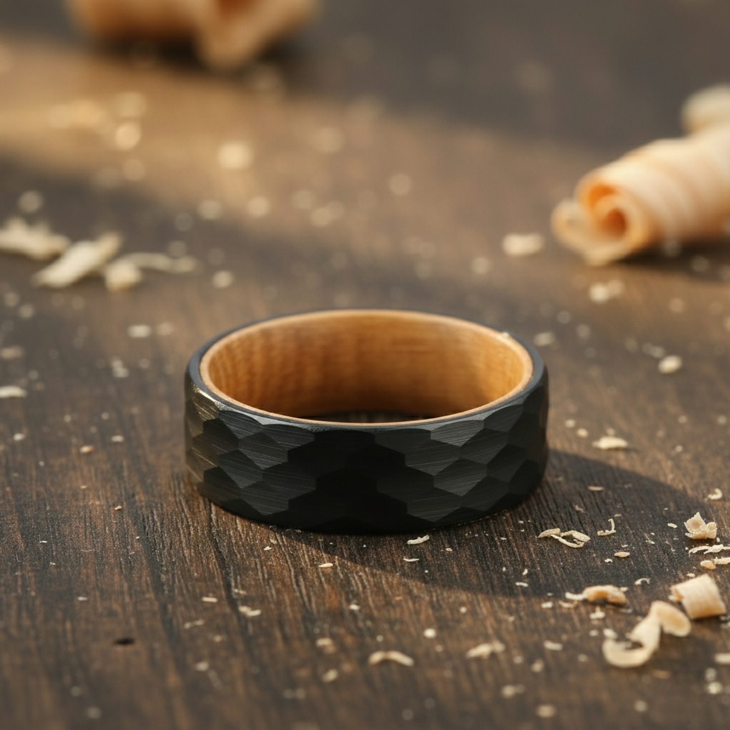 The Aquila - 8mm Hammered Brushed Black Tungsten & Whisky Barrel Wood Ring by Nord London