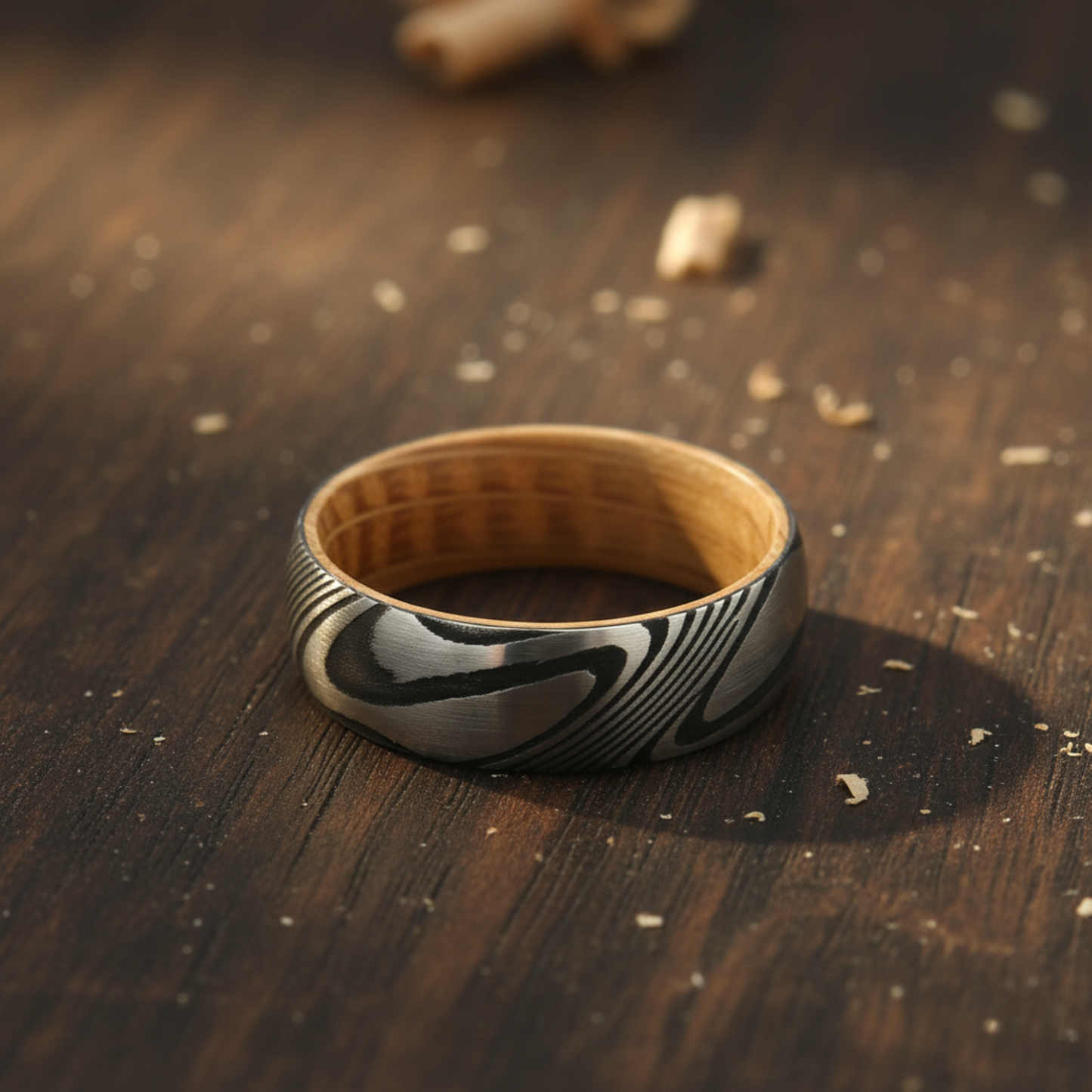 The Centaurus - 8mm Damascus Steel & Whisky Barrel Wood Ring by Nord London