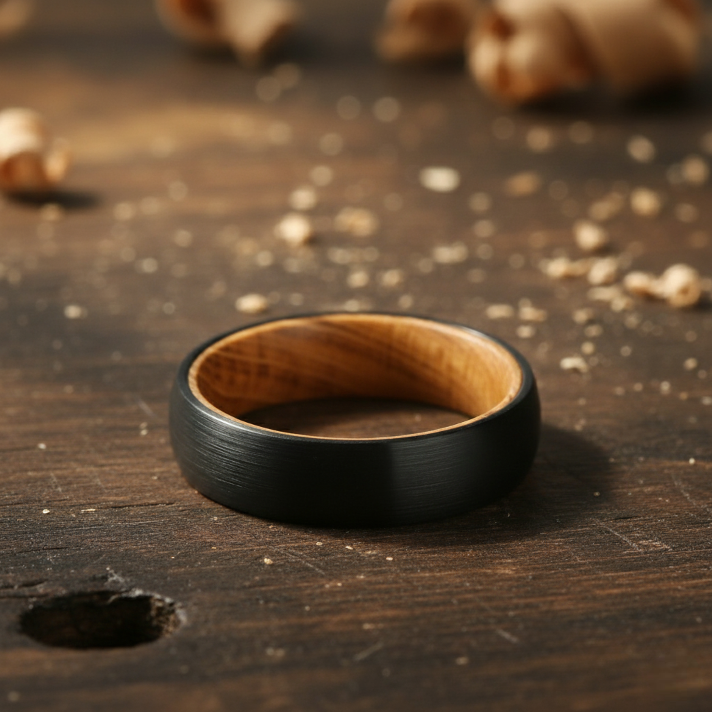 The Hercules - 6mm Brushed Black Tungsten & Whisky Barrel Wood Ring by Nord London