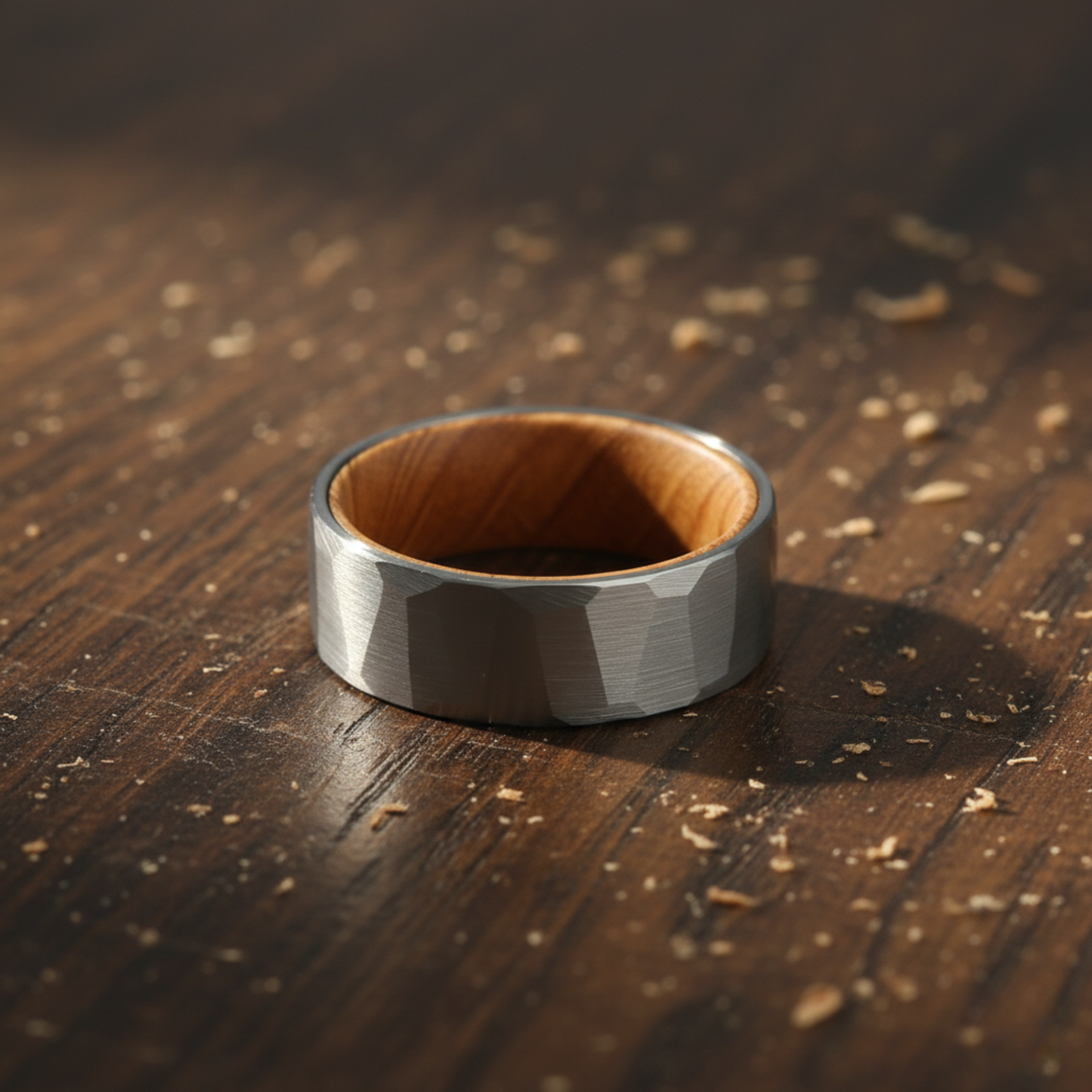 The Leo - 8mm Brushed Hammered Tungsten & Whisky Barrel Wood Ring by Nord London