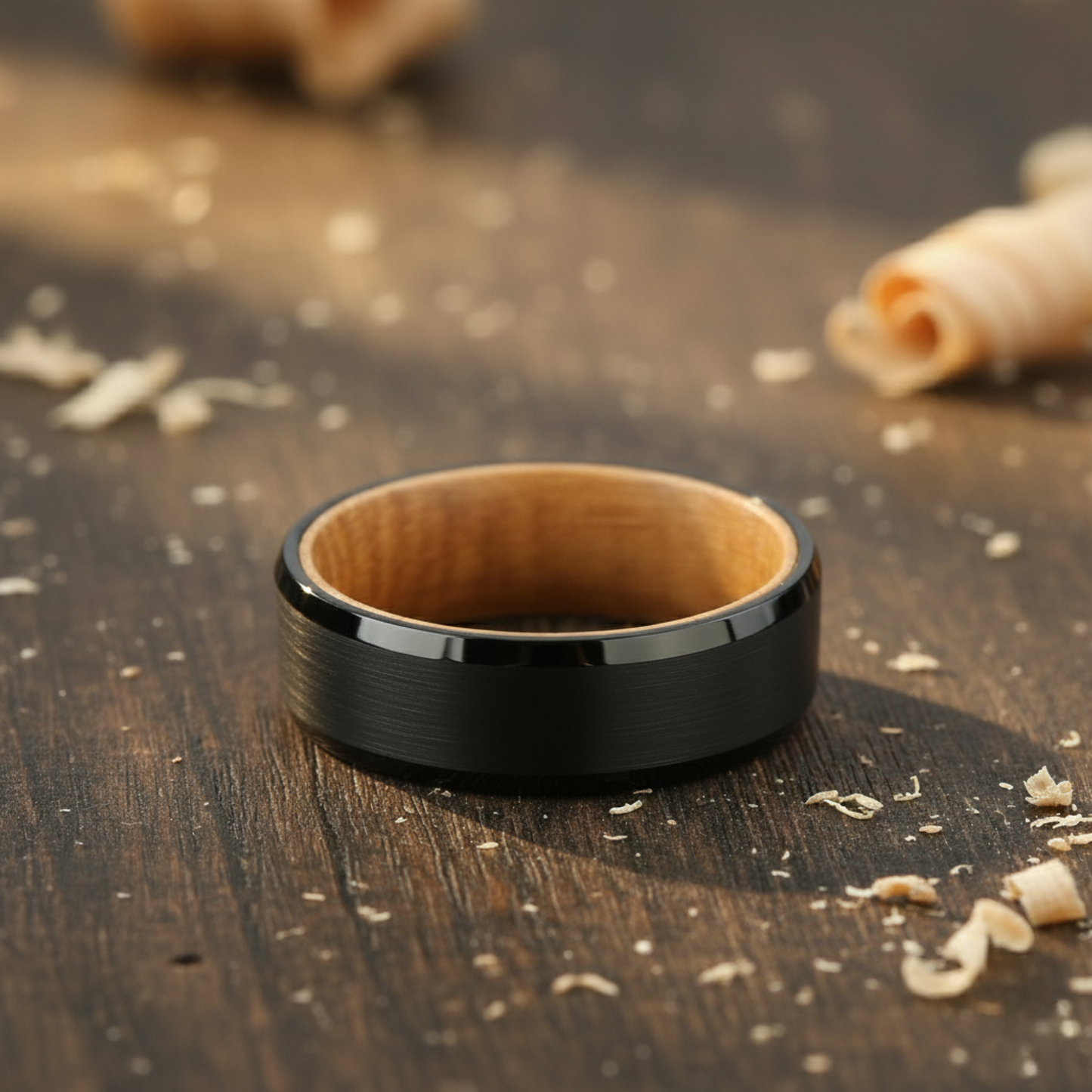 The Orion - 8mm Brushed Black Tungsten Bevelled Edge & Whisky Barrel Wood Ring by Nord London