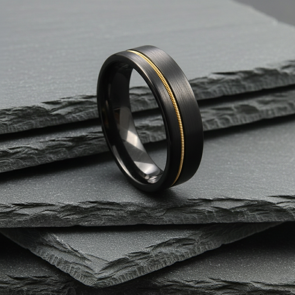The Rigel - 6mm Black Brushed Tungsten & Guitar String Inlay Ring by Nord London