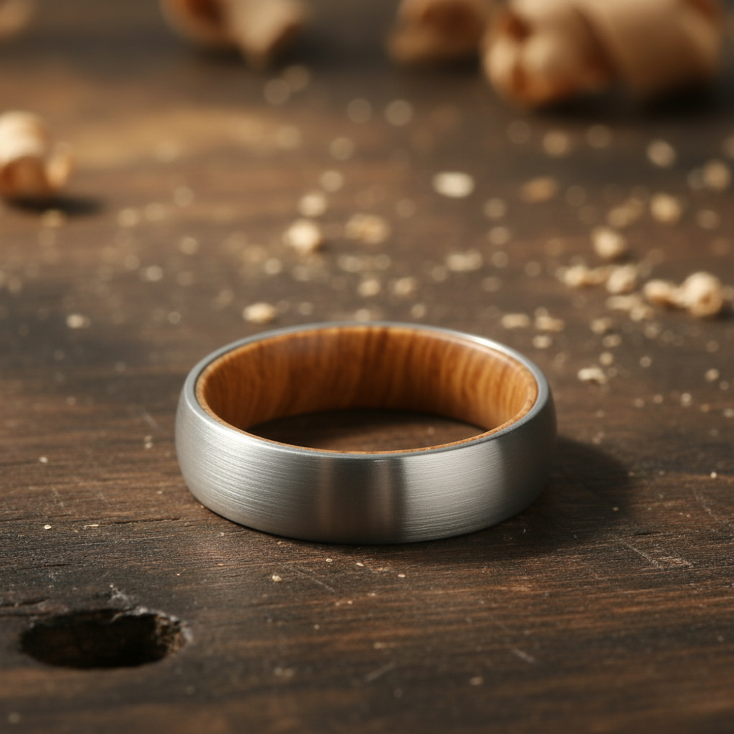 The Sirius - 6mm Brushed Tungsten & Whisky Barrel Wood Ring by Nord London