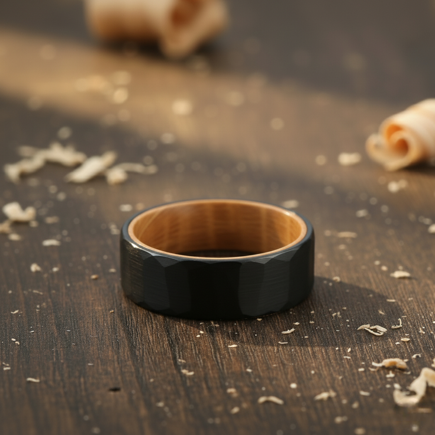 The Vega - 8mm Black Brushed Hammered Tungsten & Whisky Barrel Wood Ring by Nord London