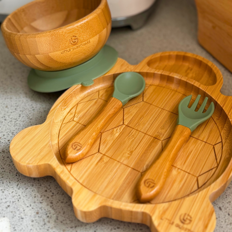 Turtle Bamboo Feeding Set - Plate, Bowl, Spoon & Fork Gift Set