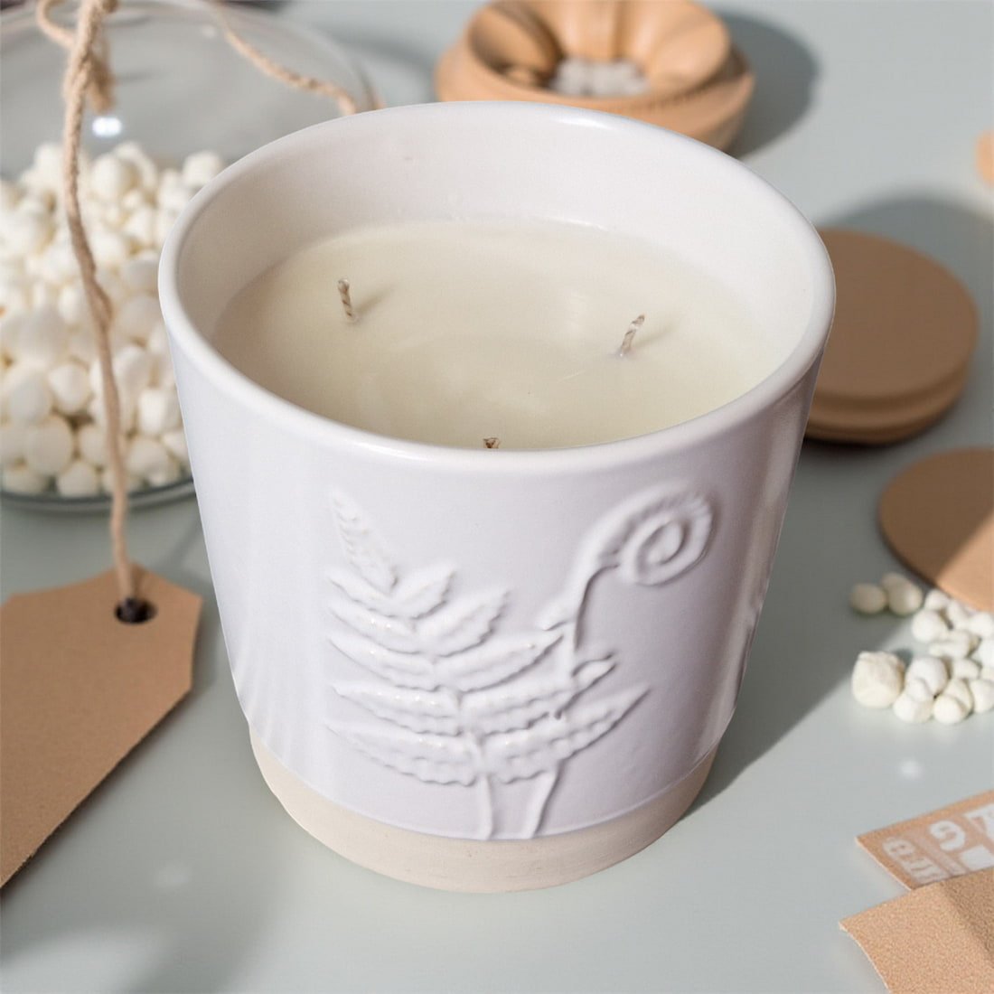 Ralph's Orchard 3-Wick Candle in White Ceramic Fern Pot