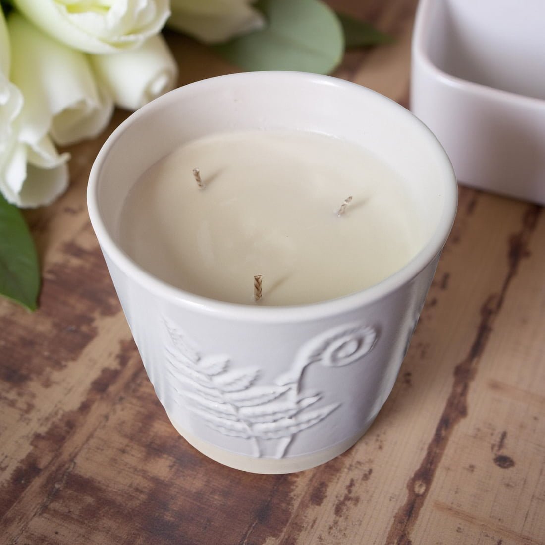 Ralph's Orchard 3-Wick Candle in White Ceramic Fern Pot