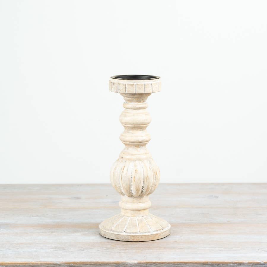 White washed wooden candle stand with distressed finish and traditional turned design, 30cm high
