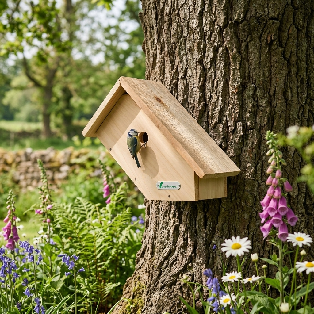Green Feathers Handmade Wooden Side View Bird Box