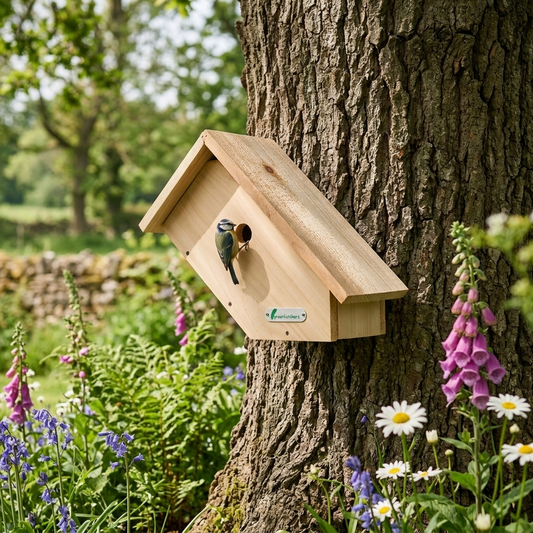 Green Feathers Handmade Wooden Side View Bird Box