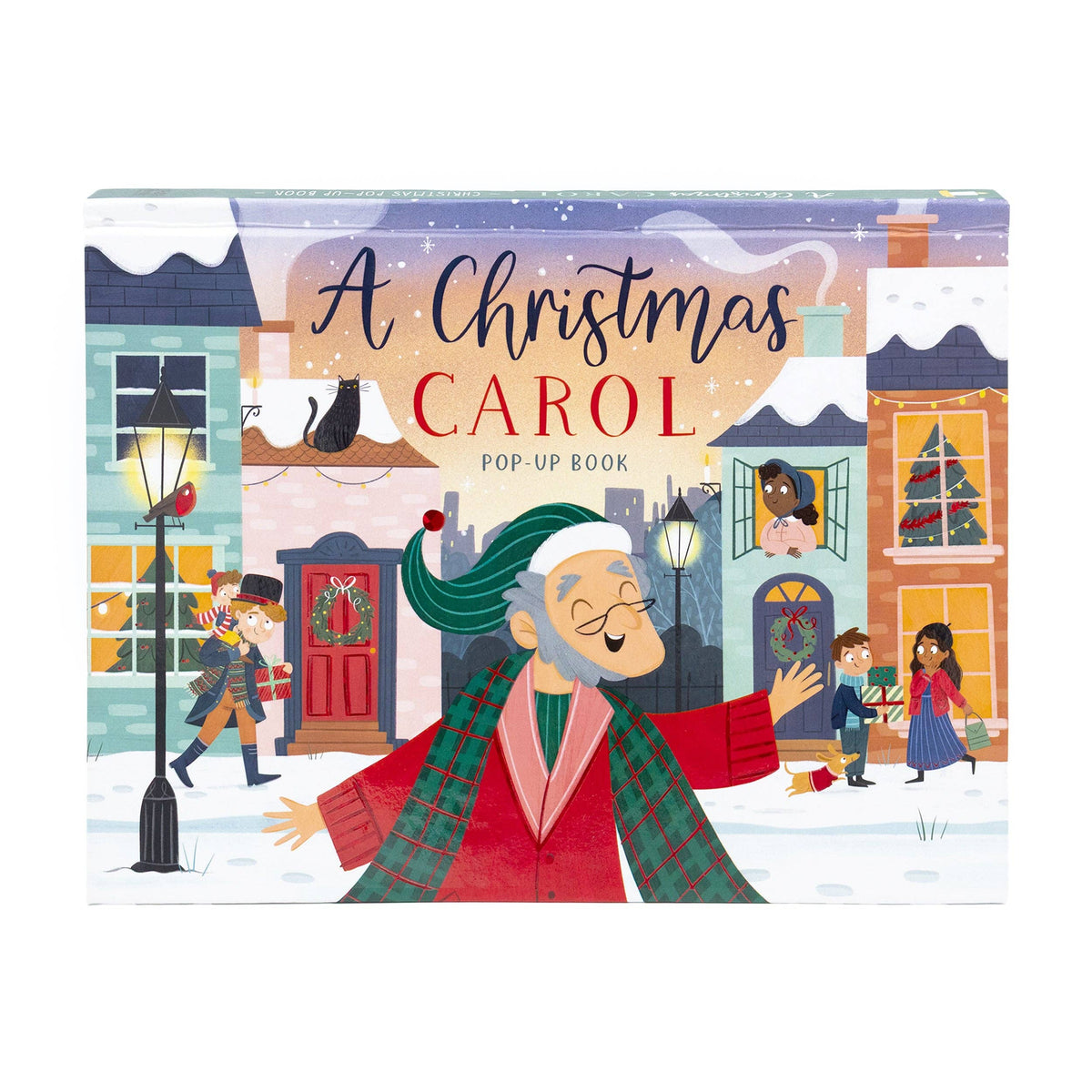 A Christmas Carol children's Christmas pop-up book featuring Scrooge on its colourful illustrated cover