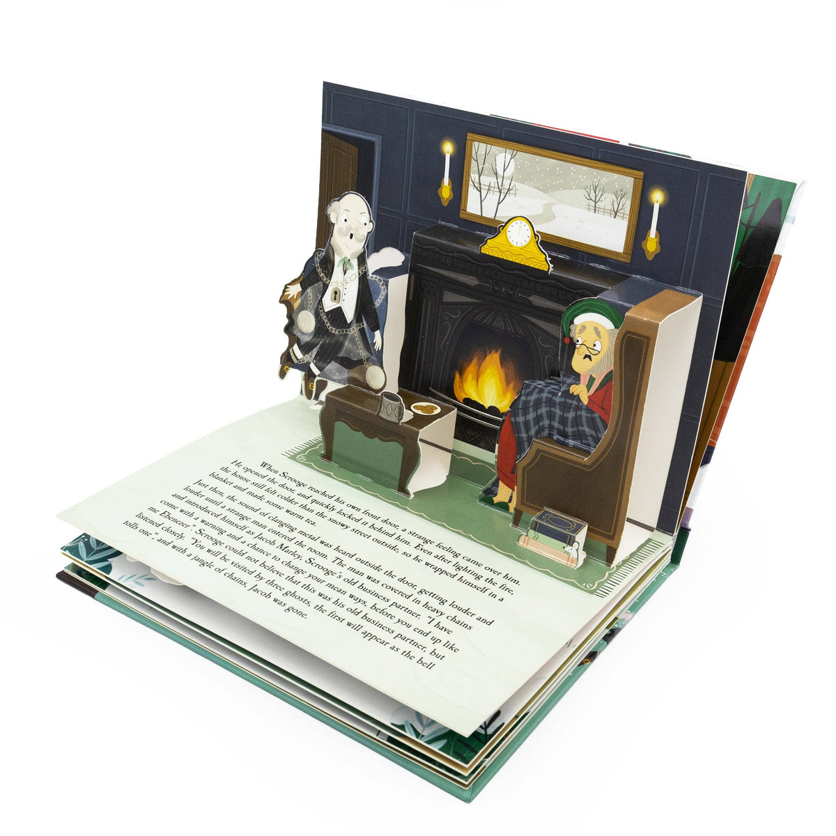 A Christmas Carol children's pop-up book displaying a three-dimensional scene from Scrooge's Christmas adventure