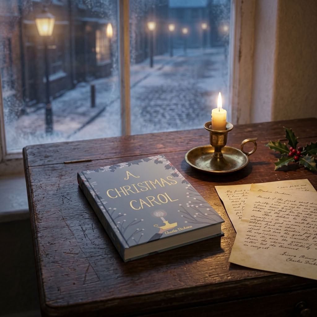 A Christmas Carol by Charles Dickens hardback on a Victorian writing desk beside a candlelit winter window