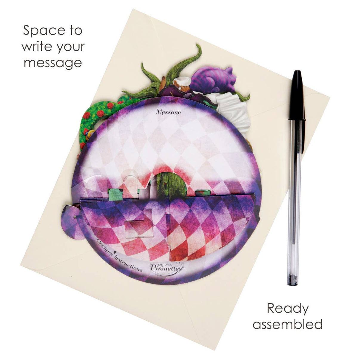 Alice in Wonderland Pirouette Card shown folded into its decorative circular paper sculpture with text reading 'Space to write your message'