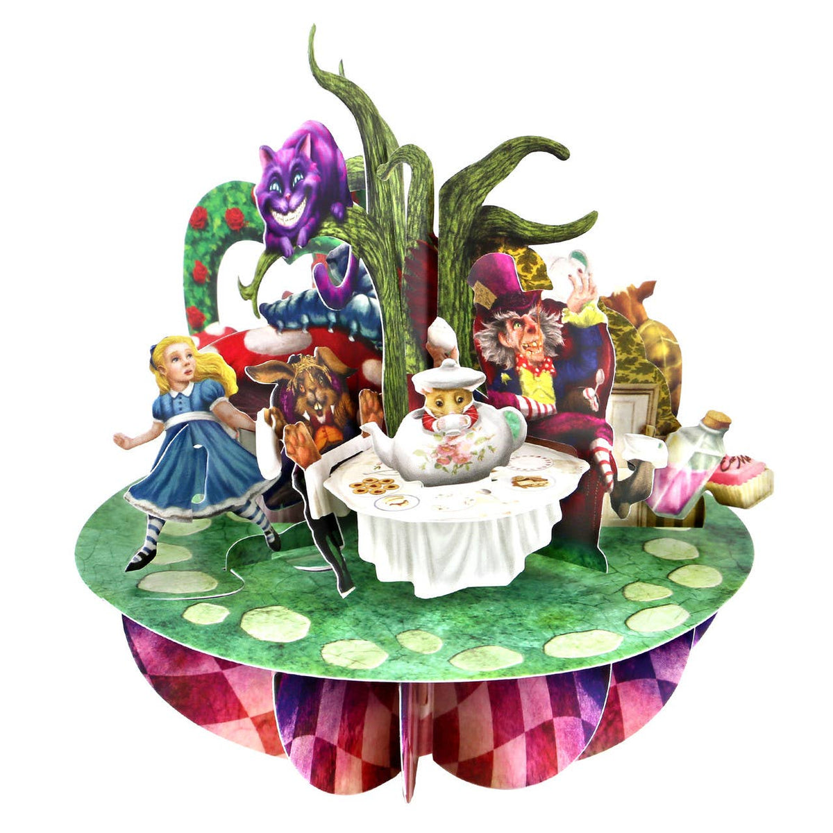 Alice in Wonderland Pirouette Card showing the colourful 3D tea party scene with Alice and Wonderland characters