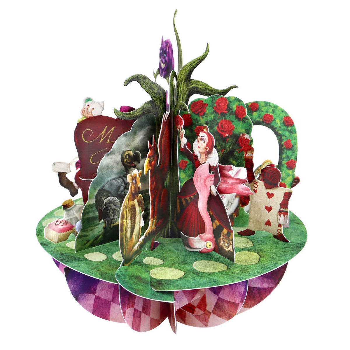 Alice in Wonderland Pirouette Card viewed from behind showing the layered paper sculpture and characters