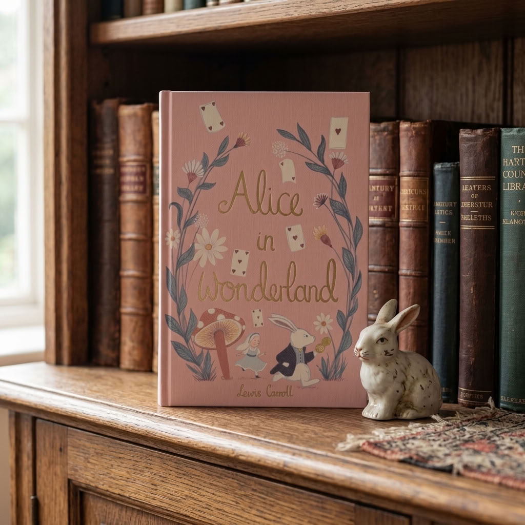 Alice in Wonderland by Lewis Carroll Wordsworth Collector's Edition hardback on an aged oak bookshelf with a white rabbit ornament