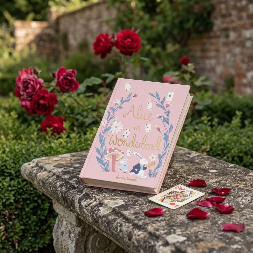 Alice in Wonderland by Lewis Carroll hardback on an old stone bench with red roses and playing cards