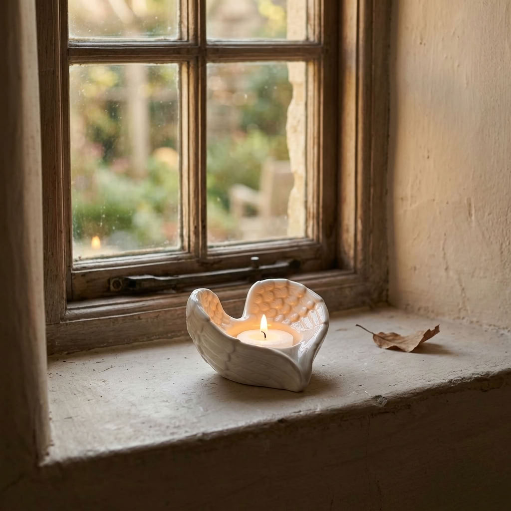 Angel Wing T-Light Holder glowing on an aged stone windowsill in a traditional English country cottage