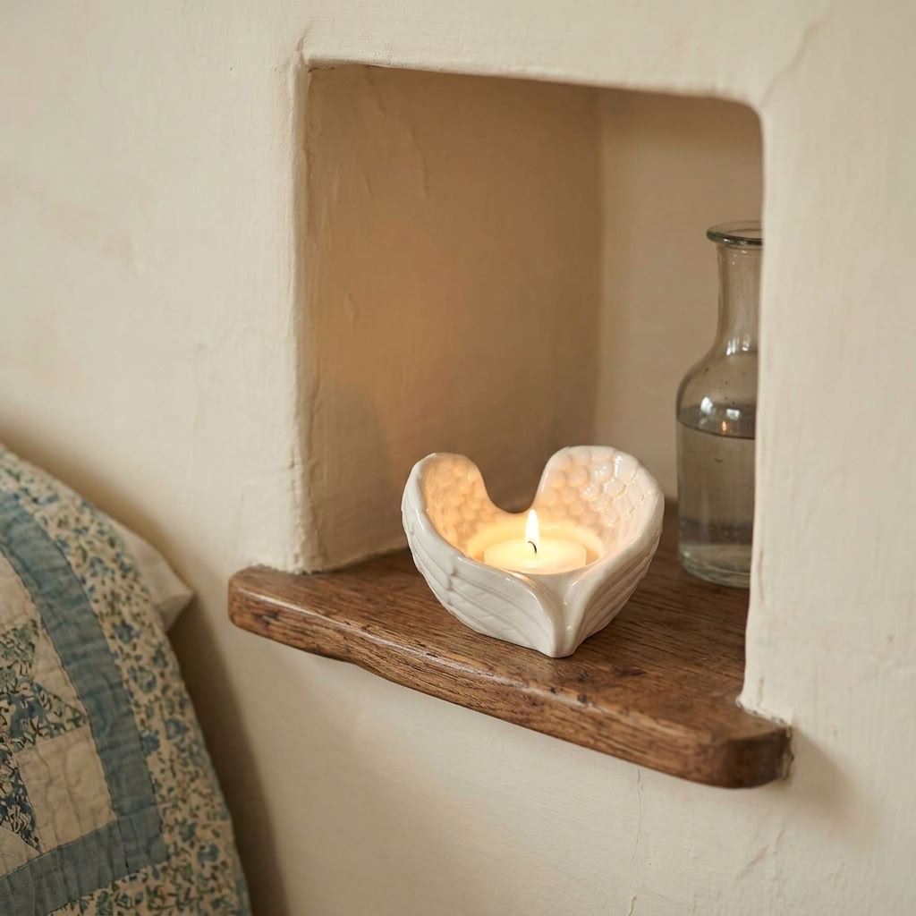 Angel Wing T-Light Holder glowing on a small wooden alcove shelf in a traditional country bedroom
