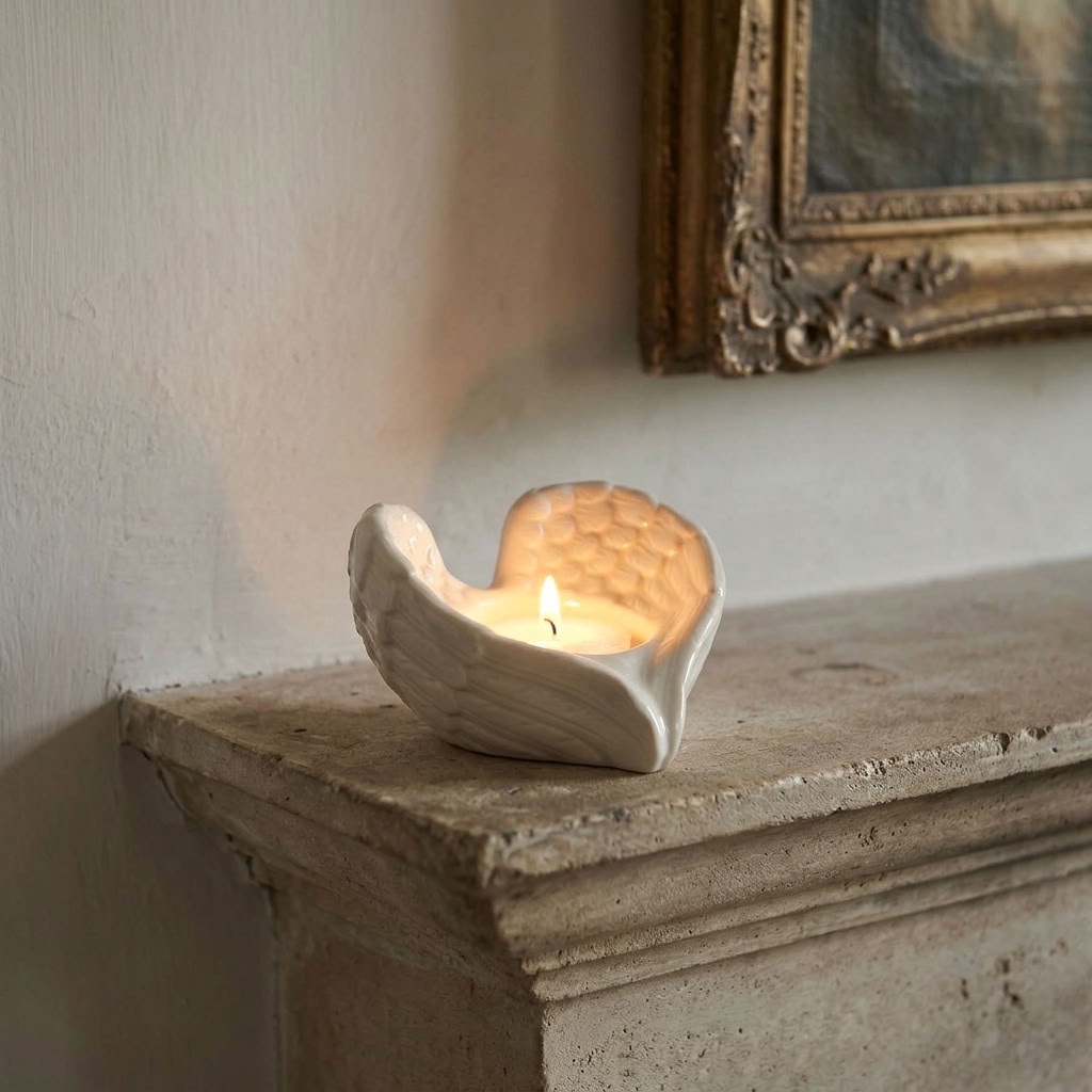 Angel Wing T-Light Holder with a lit tealight displayed on an aged stone mantel in an English country home