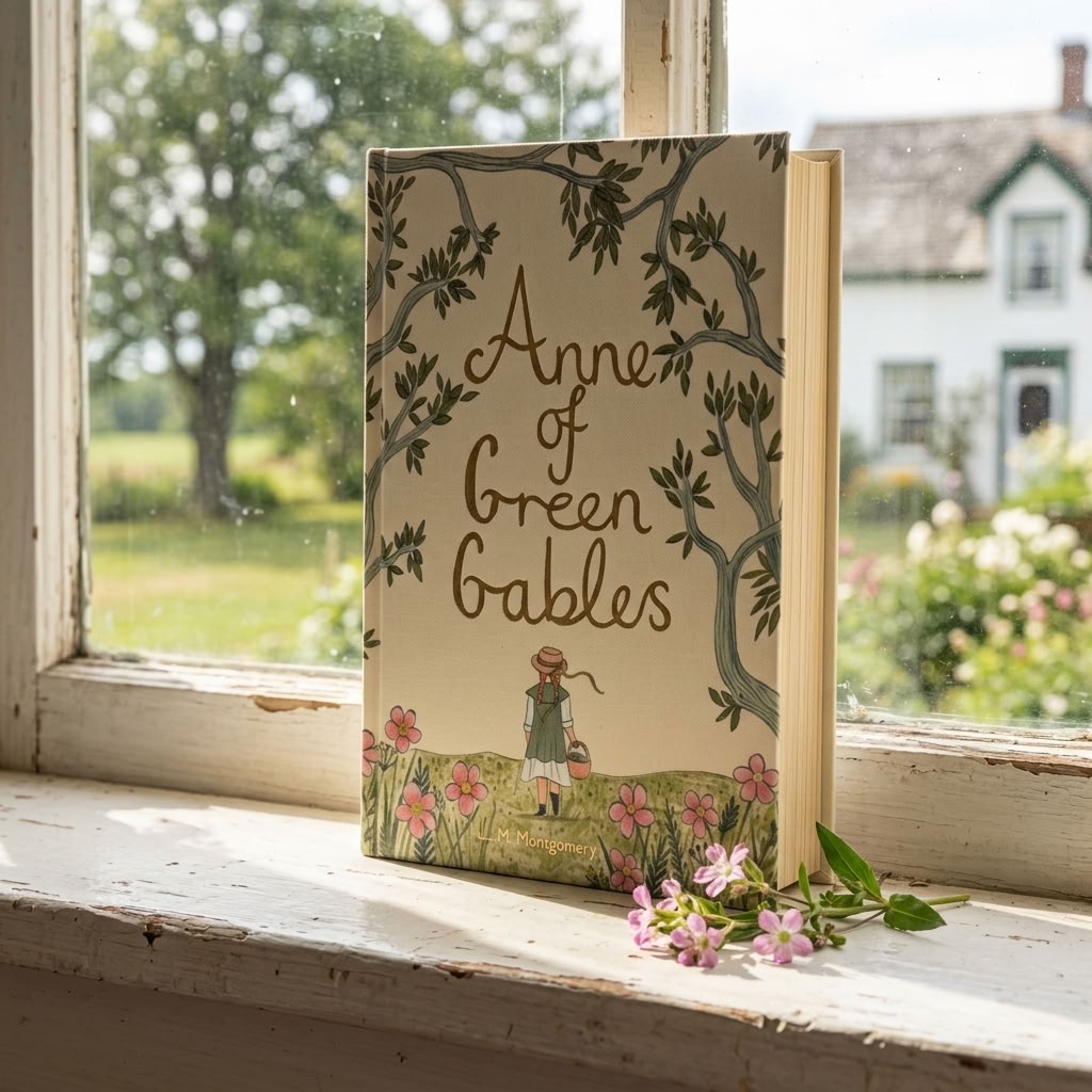 Anne of Green Gables by L. M. Montgomery Wordsworth hardback beside a farmhouse window with pink wildflowers