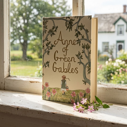Anne of Green Gables by L. M. Montgomery Wordsworth hardback beside a farmhouse window with pink wildflowers
