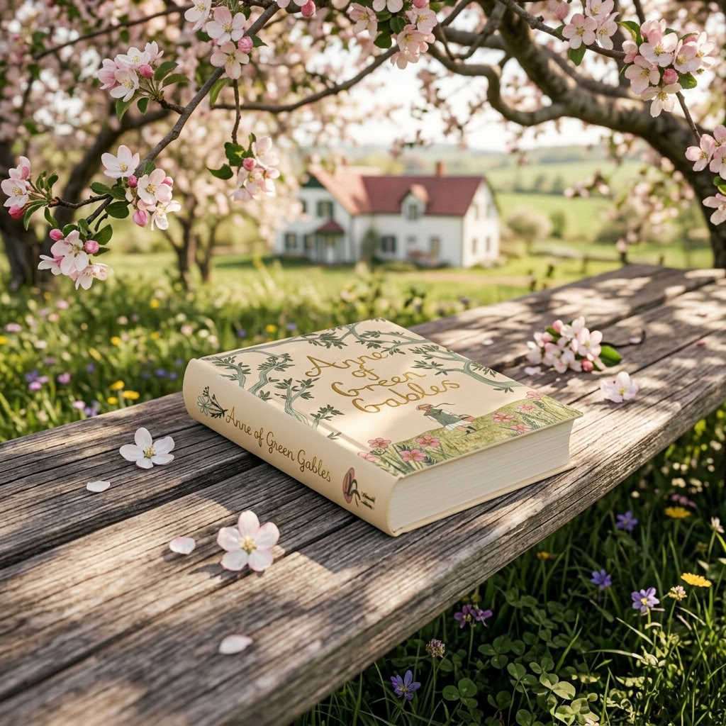 Anne of Green Gables by L. M. Montgomery hardback on a weathered wooden bench beneath blossoming apple trees